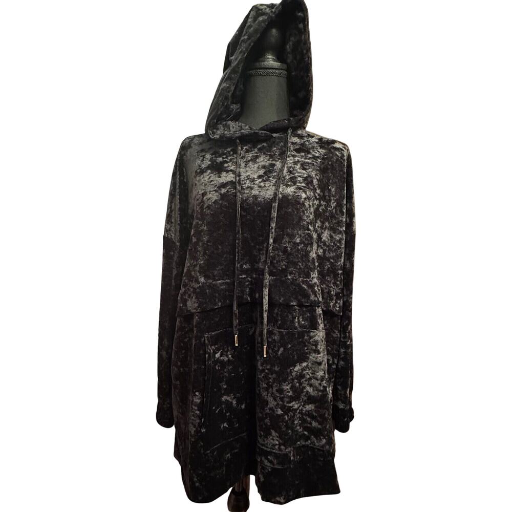 Zara Top Medium Womens Hooded Velour Black Velvet Long Sleeve Shirt Cozy Winter - Picture 1 of 8